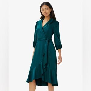 Adrianna Papell Satin Crepe Wrap Green Long Sleeve Cocktail Midi Dress Sz XS 0